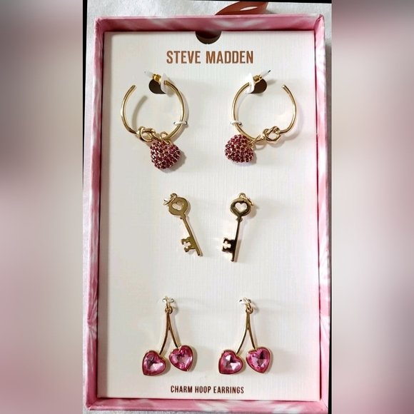 Steve Madden Gold and Pink Charm Hoop Earrings Set - Picture 1 of 5